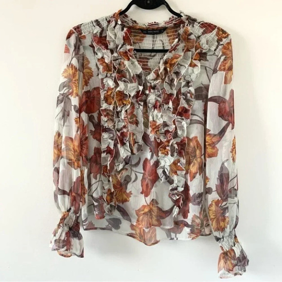 Zara Women’s Blouse Fall Leaf Ruffle Long Sleeve Peasant Flutter Sleeve Sheer M - Picture 4 of 16